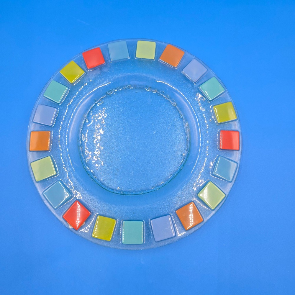 Vintage Postmodern Fused Art Glass 13" Charger Plate Mosaic Geometric Border Y2K